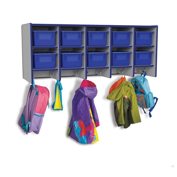 Rainbow Accents 10 Section Wall Mount Coat Locker, with Trays, Blue